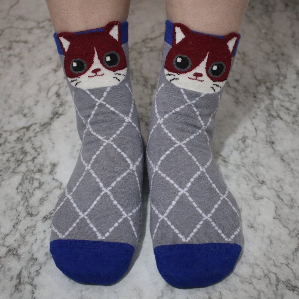 CAT LADY Socks Ankle Short Anklets Animal Print Plaid Blue Grey Geometric Print